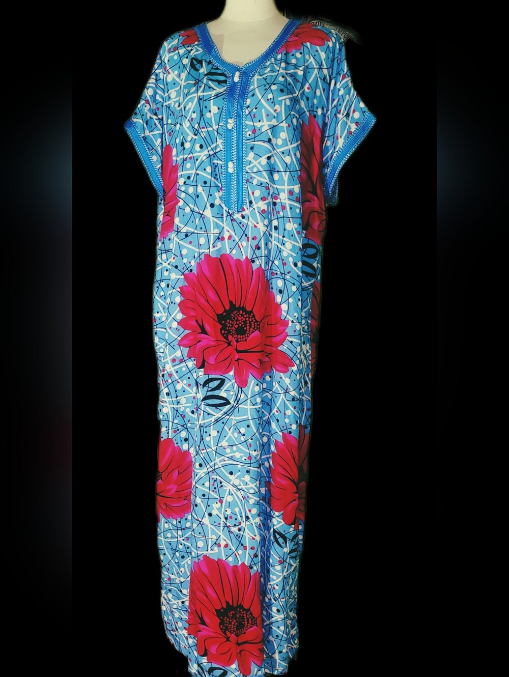 Bright Blue Floral Caftan with Fuchsia Blooms
